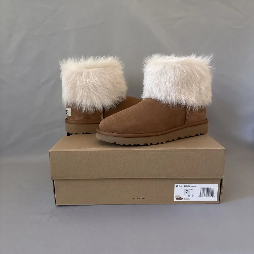 UGG Chestnut Suede Ankle Booties with Ivory Fur Cuff - Picture 3 of 12